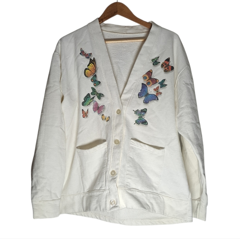 White Butterfly Fleece Cardigan - No Brand Or Size